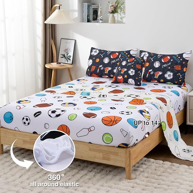 A Nice Night 6Pcs Bed in A Bag Full Sports Microfiber Modern Comforter Set,Gray Rugby Ball Printed Bedding Collections,for Boys Kids Teen