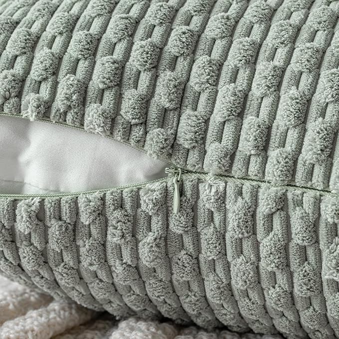 MIULEE Pack of 2 Decorative Throw Pillow Covers 24x24 Inch Soft Boho Striped Textured Corduroy Pillow Covers Modern Farmhouse Home Decor for Couch Bed Sofa Living Room Greyish Green