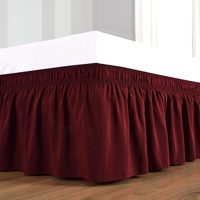Wrap Around Bed Skirts Elastic Dust Ruffles, Easy Fit Wrinkle and Fade Resistant Silky Microfiber Fabric Solid Color Bedskirt, 12 Inch Tailored Drop Burgundy for Olympic Queen Size Bed Skirt