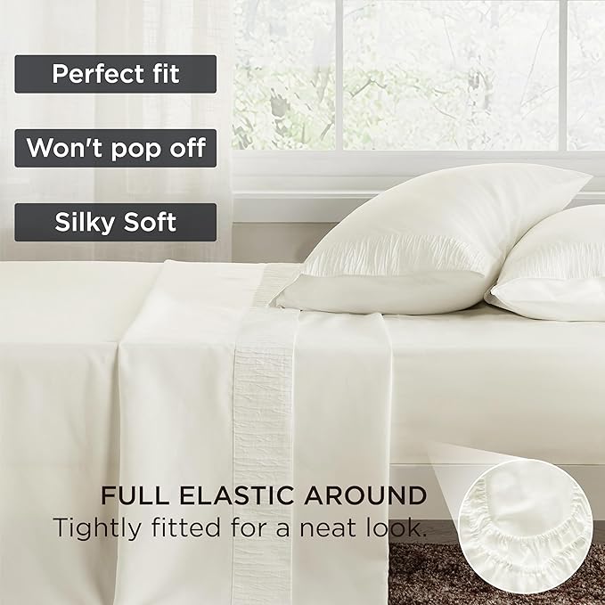 Bedsure Queen Sheet Set - 4 Pieces Soft Queen Size Sheets - Breathable & Cooling - Hotel Luxury - Easy Care Polyester Microfiber Bedding for Women, Men, Ivory