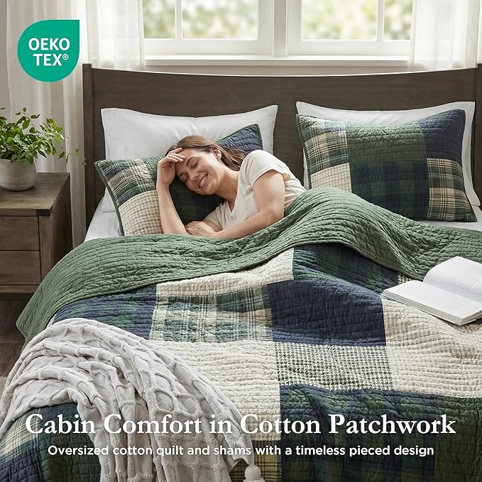 Woolrich Quilt Set Patchwork Channel Quilting, Cottege Coverlet for Twin Size Bed All Seasons, Lightweight Prewashed Cotton Coverlet Bedspread, Shams, Mill Creek, Oversized Twin/Twin XL Green 2 Piece