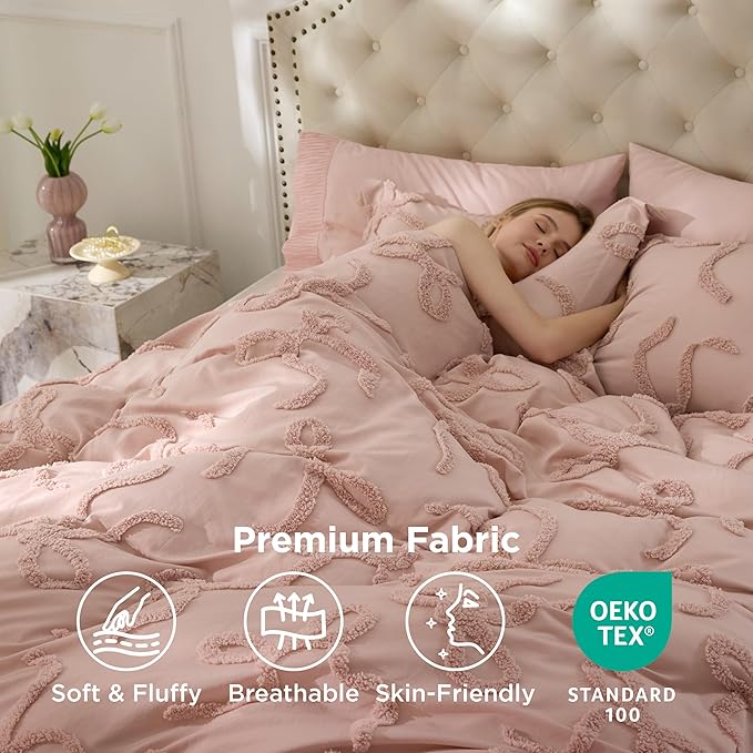 Bedsure Tufted Rose Pink Full Size Comforter, GentleSoft™ 3 Pieces Bow Cute Bedding Pink Room Decor, Gifts for Girls Teens Women, All Seasons, 1 Bed Comforter, 2 Pillow Shams, 82x86 Inches