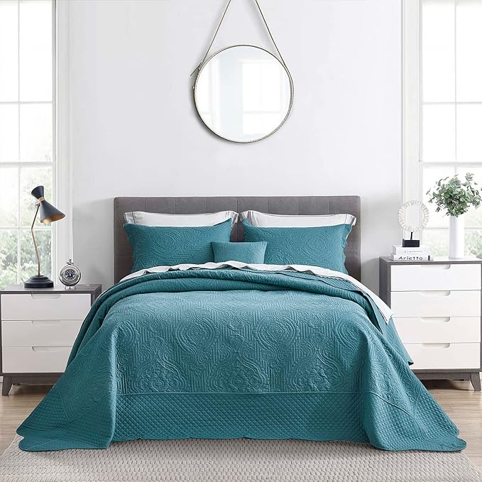 HZ & HY Oversized King Bedspread 128x120 Extra Wide, Ultrasonic, Lightweight, Reversible, 5 Pieces, 100% Microfiber, Lagoon