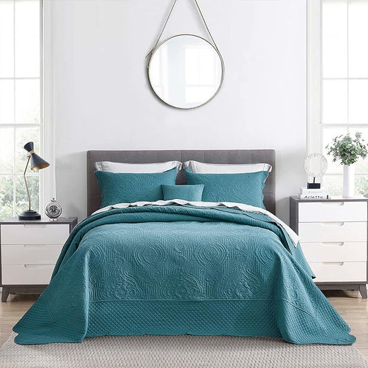 HZ & HY Oversized King Bedspread 138x122 Extra Wide, Ultrasonic Coverlet Bedding Set, Lightweight Thin Comforter, Reversible, 5 Piece, 100% Microfiber, California/Alaskan King, Lagoon