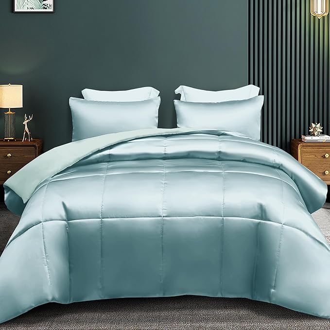 Whale Flotilla 2-Piece Reversible Silky Soft Twin Size Comforter Bedding Set, Luxurious Satin Comforters with Satin Pillowcase, Lightweight Duvet for All Seasons, Haze Blue