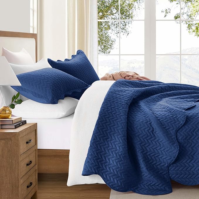 MOONLIGHT20015 California King 8 Pack Quilt Bedding Set Size (118"x106") + 2 Pillow Shams (20" x 36"+ 2") - 3 Pcs All Season Reversible Microfiber Coverlet Embossed Quilt Bedspread (Navy)