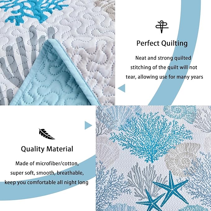 Tritard 3 Piece Coastal Quilt Sets King Size - Reversible Microfiber Quilts with 2 Shams Soft Lightweight Beach Bedding Nautical Bedspread Coverlet Summer Comforter Set for All Season, 106''x96''