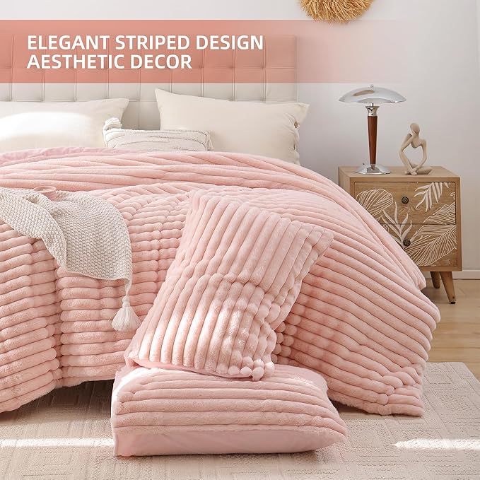 Smoofy Fluffy Twin Comforter Sets 2 Pieces - Blush Pink Fleece Fluffy Comforter Set, Luxury Fuzzy Twin Bedding Set, Soft Twin Size Comforter All Season, Heavy Faux Fur Comforter with Pillow Cases