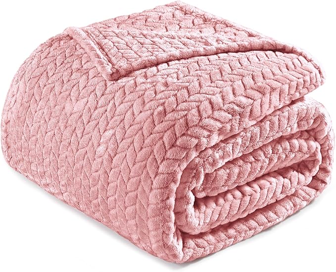 Exclusivo Mezcla Fleece Twin Size Blanket for Bed, 90x66 Inches Soft Cozy Jacquard Flannel Blankets, Lightweight Fuzzy Plush Warm for Women, Pink