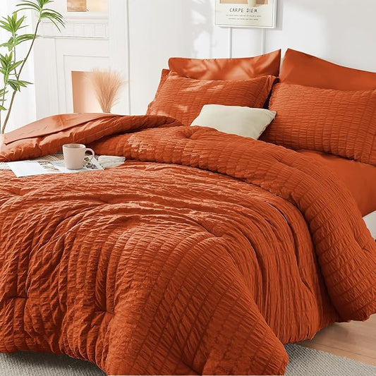 HYMOKEGE Burnt Orange Twin Comforter Set Seersucker 5 Pieces, All Season Luxury Bed in a Bag for Bedroom, Bedding Set with Comforters, Sheets, Pillowcase & Sham