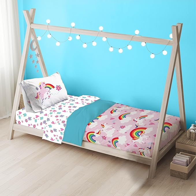 Sunny Side Up Rainbow Unicorns Toddler Comforter Set - 4 Piece Preschool Bedding Includes Comforter, Sheets & Pillow Cover - Super Soft Pink Floral Microfiber Bed Set