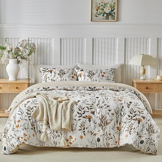 Lekesky Queen Size Duvet Cover Set, Lightweight Soft Microfiber Comforter Cover, Reversible Duvet Cover Queen with Branch Pattern, 3 Pieces Khaki Bedding Set with Zipper and 2 Pillowcases