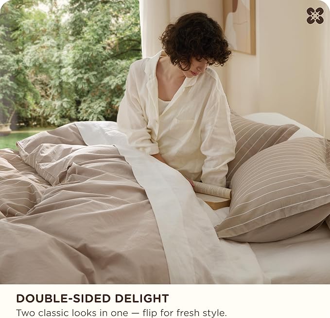 Bedsure Striped Duvet Cover Queen Size,100% Washed Cotton Duvet Cover Linen Like Textured, Classic Striped Pattern Enhances Bedroom Comfort and Style, Stripes Tan/White, 90"x90"
