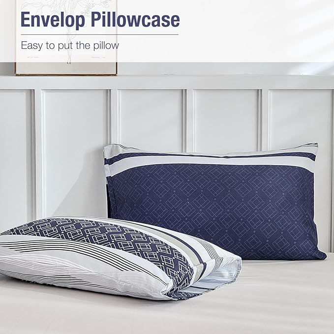 Lekesky Duvet Cover King, 3 Pieces Blue Striped Duvet Cover Set Soft Bohemian Bedding Aztec Comforter Cover Set King Size with Hidden Zipper & Corner Ties