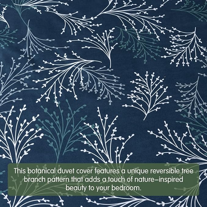 Lekesky Reversible Duvet Cover King Size, Navy Blue White Branch Comforter Cover King 3pcs Microfiber Botanical Bedding Set with Zipper Closure Corner Ties