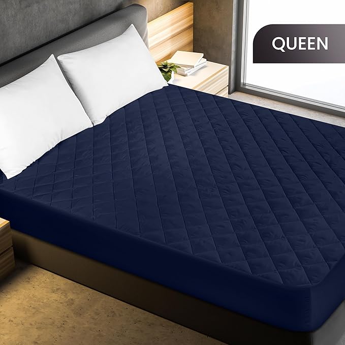 Utopia Bedding Quilted Fitted Mattress Pad, Queen Size, Elastic Fitted Mattress Topper Protector and Cover with Deep Pocket Stretches up to 16 Inches, Machine Washable (Navy)