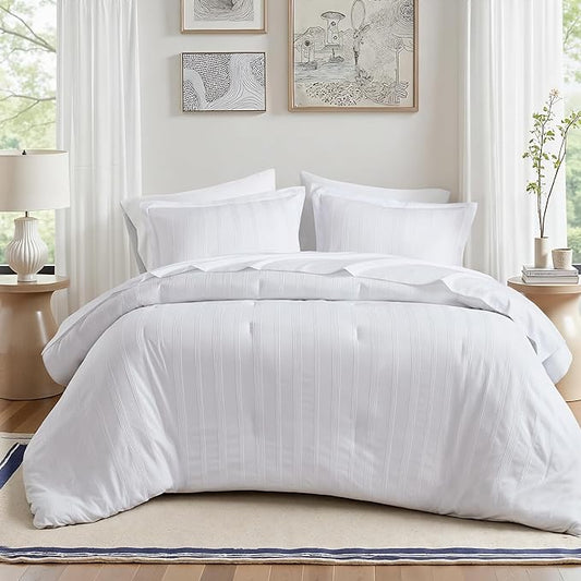 Madison Park Essentials Striped Comforter Set Cal King, 7 Pieces Modern Minimalist Jacquard Bedding Set for All Season, Bed in A Bag with Sheet Set and Soft Brushed Reverse, Lightweight White