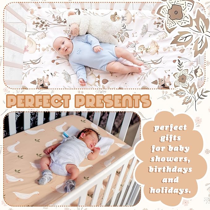 Peryiter 4 Pack Crib Sheets Girl Soft Baby Bed Sheet Set 52'' x 28" Nursery Crib Sheets for Standard Bed for Nursery Decor Baby Boys or Girls(Brown,Silly Goose)