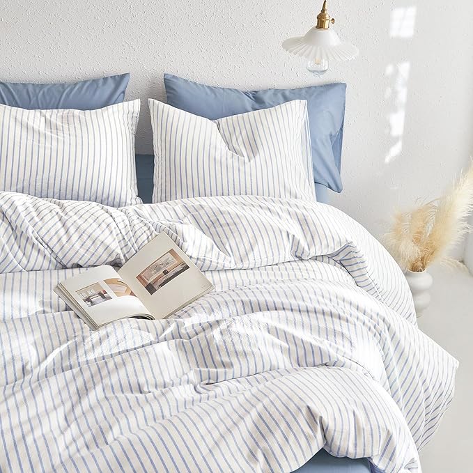 Wake In Cloud - Striped Cotton Duvet Cover Set, Ticking Stripe Vertical Pinstripe Farmhouse, 100% Washed Cotton Textured Percale Bedding Set, 3 Pieces, Blue White, Twin Size