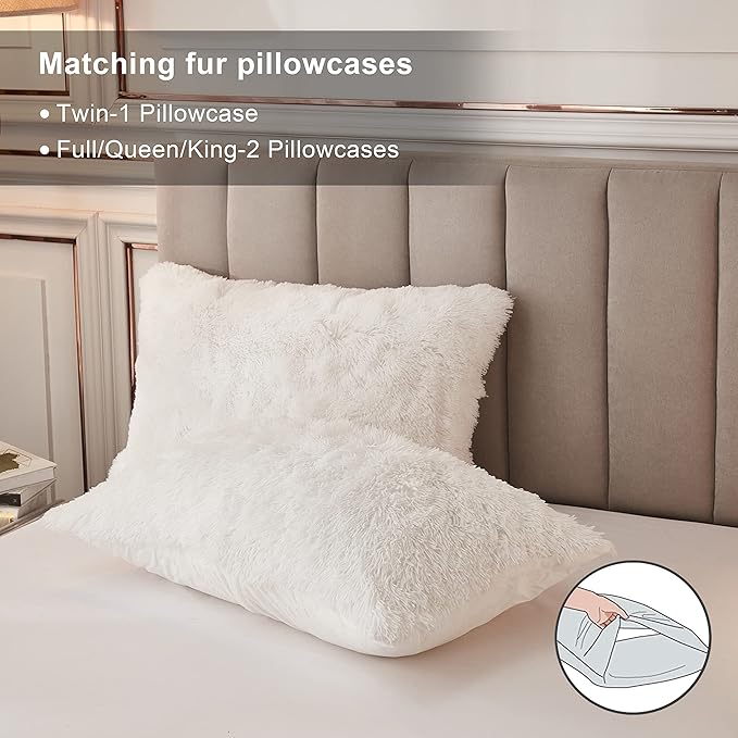 annadaif Plush White Queen Duvet Cover, Fluffy Soft Faux Fur Velvet Comforter Cover, Luxury Fuzzy Shaggy Bedding Sets 3 Pieces(1 Duvet Cover,2 Pillowcases), Zipper Closure