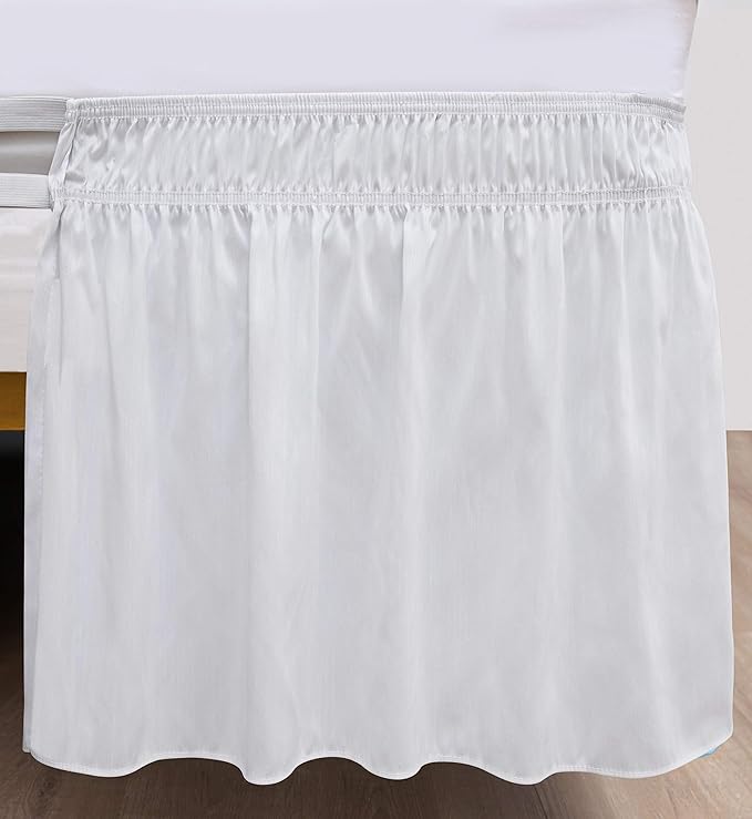Wrap Around Bed Skirts Elastic Dust Ruffles, Easy Fit Wrinkle and Fade Resistant Silky Microfiber Fabric Solid Color Bedskirt, 12 Inch Tailored Drop White for Full Size Bed Skirt