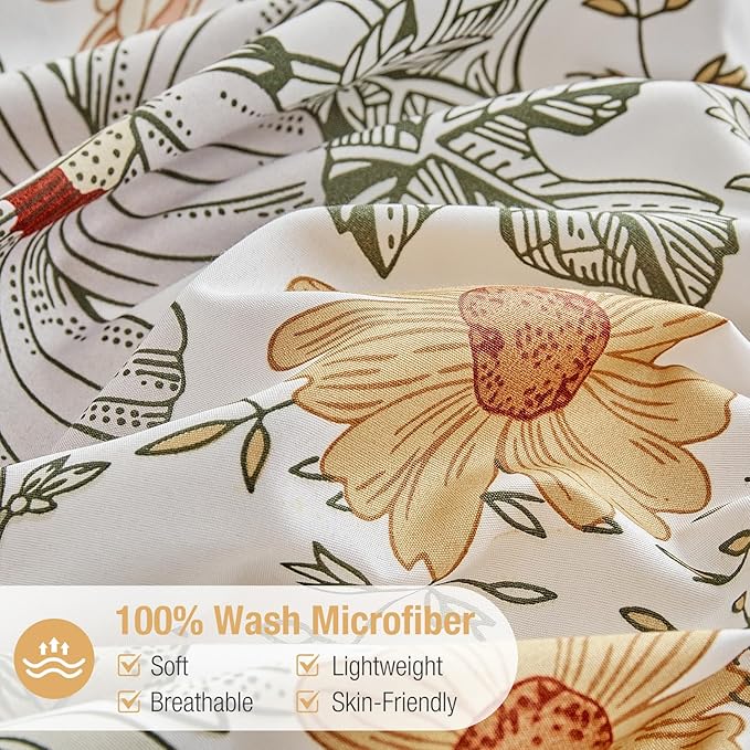 Lekesky King Duvet Cover Set, Reversible Vintage Flowers Print Comforter Cover King Size 3pc, Soft 100% Washed Microfiber Breathable Bedding Sets with Zipper Ties and 2 Pillowcases