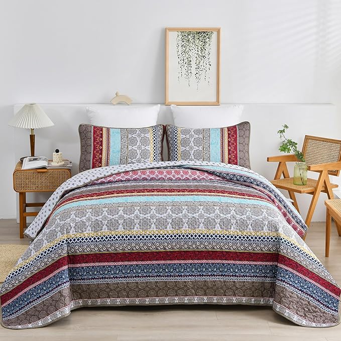 WONGS BEDDING Boho Quilt Set Queen Size, Brown Bohemian 3 Pieces Quilt Bedding Sets, Lightweight Microfiber Bedspread Coverlet Set for All Season (96"x90")