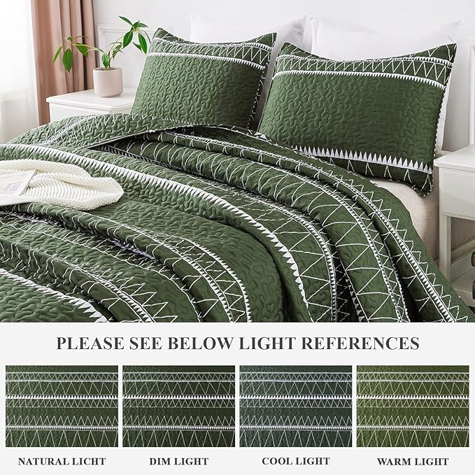 Andency Green Quilts Queen Size, 3 Pieces Queen Quilt Bedding Set Boho Lightweight Soft Striped Bedspread for All Season (90"x96"), Printed Bohemian Microfiber Reversible Coverlet Comoforter Sets