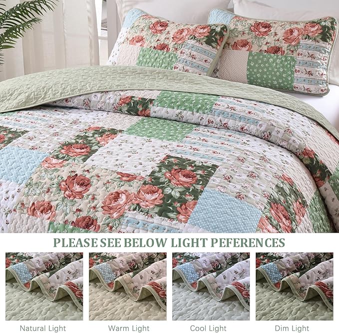 Anibedding Green Patchwork Quilt Set King Size, Bohemian Red Flower Green Plaid Bedspread Coverlet Set with Pillowcases, Soft Microfiber Summer Quilt Floral Bed Cover for All Season (110''x90'')