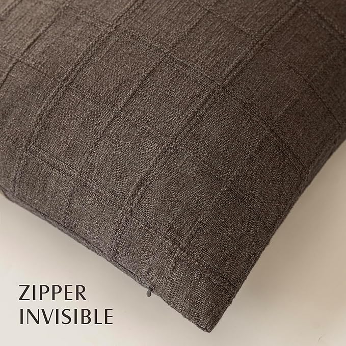 Foindtower Set of 2 Decorative Linen Check Throw Pillow Covers Neutral Farmhouse Vintage Cushion Covers Cozy Modern Boho Home Decor for Sofa Chair Couch Bedroom Living Room,14×36 Inch,Dark Brown