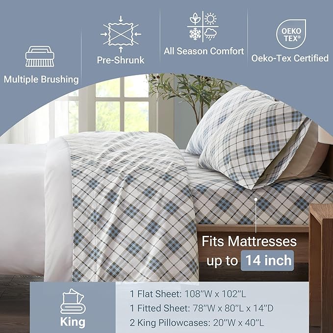 True North by Sleep Philosophy Cozy Flannel Warm 100% Cotton Sheet - Novelty Print Animals Stars Cute Ultra Soft Cold Weather Bedding Set, King, Blue Plaid 4 Piece