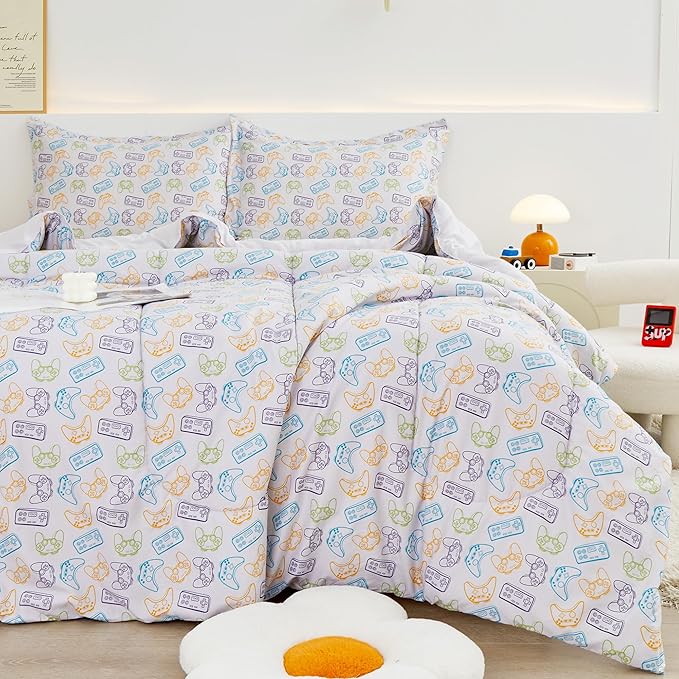 Viviland Gamer Comforter Set for Kids Boys Teens, Full/Double Game Contoller Comforter with Pillow Sham, Soft Comfortable Machine Washable (Video Game)