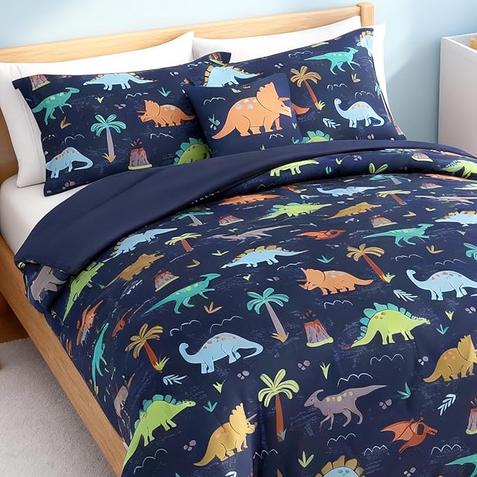 Kids Comforter Set Full Size for Boys, Navy Dinosaur Bedding Set 1 Comforter, 1 Decor Pillow, 2 Pillow Shams