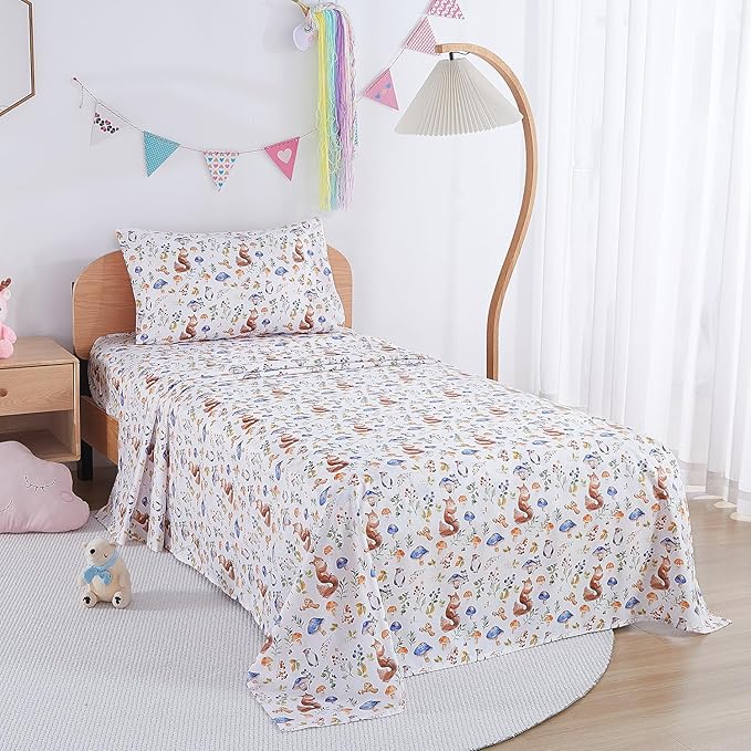 Kids Sheet Set Full Size, Full Sheet Set with Oil Squirrel Pattern，Breathable Silky Soft Microfiber Kids Fitted Sheet
