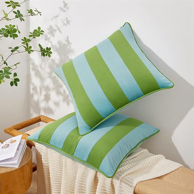 MONDAY MOOSE Decorative Throw Pillow Covers Cushion Cases, Set of 2 Soft Velvet Striped Piping Edge Designs, Pillow Inserts Not Included (16x16 inch, Light Green/Light Blue)