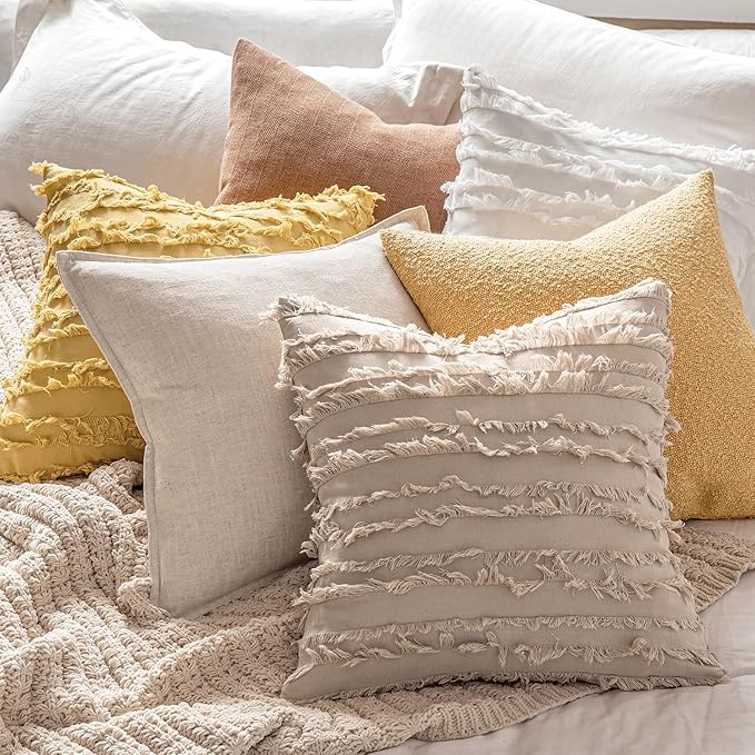MIULEE Set of 2 Decorative Boho Throw Pillow Covers Spring Linen Striped Jacquard Pattern Cushion Covers for Sofa Couch Living Room Bedroom 16x16 Inch Beige