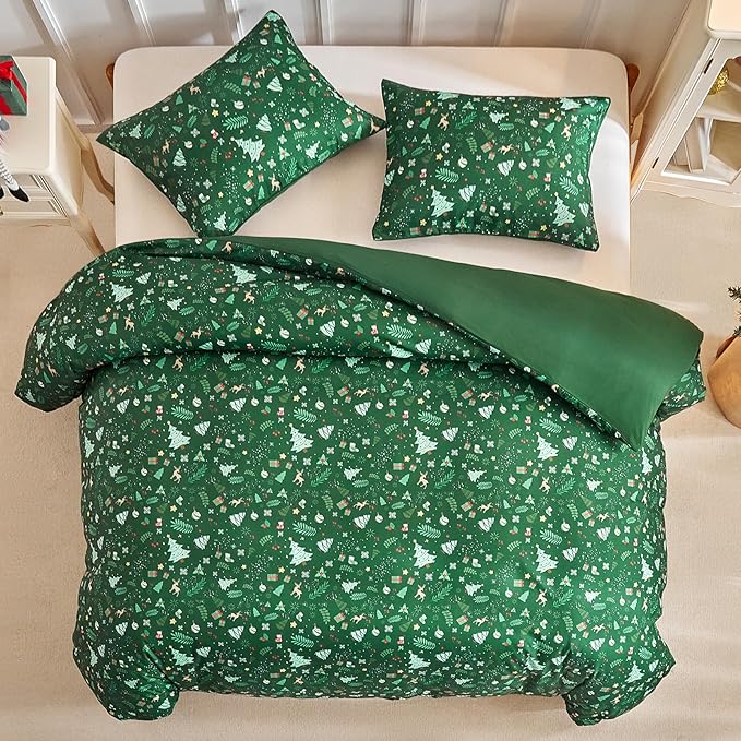 Lekesky Christmas Duvet Cover Queen Size,3 Pieces Reversible Duvet Cover Set with Red Snowflake Holiday Bedding Set with Zipper and 8 Corner Ties (Queen,90"x90"),Green
