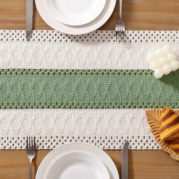 Socomi Boho Table Runner Easter Spring Farmhouse Rustic Dining Kitchen Small Macrame Woven Cotton Linen Coffee Table Runner for Dresser Scarf Home Decor 12x36 inch Sage Green Ivory