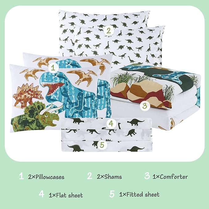 Twin Kids Comforter Set - 5 Pieces Twin Bedding Sets for Boys Teen, Glow in The Dark Dinosaurs Bed in A Bag with Sheets