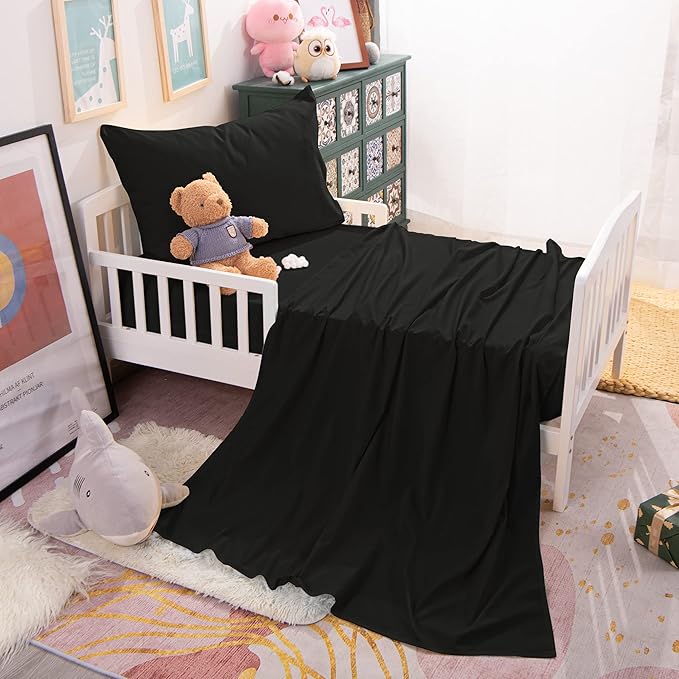 NTBAY Toddler Sheet Set - 3-Piece Microfiber Crib Sheet Set - Flat Sheet, Fitted Sheet, Pillowcase - Solid Toddler Bedding, Black