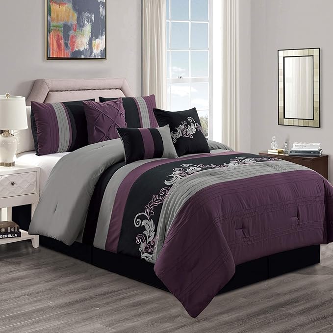 Chezmoi Collection Napa 7-Piece Luxury Leaves Scroll Embroidery Bedding Comforter Set (Full, Purple/Black/Gray)
