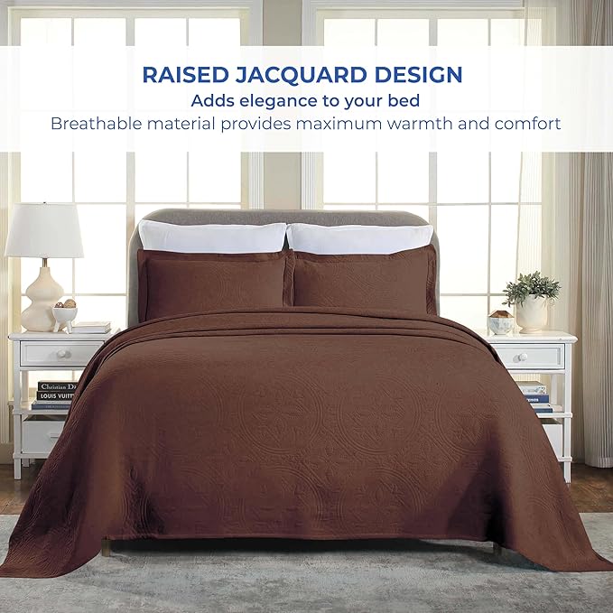 Superior 2 Piece Celtic Circles Cotton Bedspread Set, Decorative Bed Spread, Home Bed Decor, 1 Pillow Sham, Medium Weight Blanket, Matelasse Coverlet Bedding, Wedding Ring Design, Queen, Cappuccino