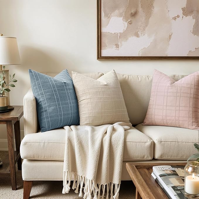 MIULEE Decorative Linen Check Throw Pillow Covers Neutral Farmhouse Vintage Spring Valentine Spring Pillow Covers 20x20 Set of 2 Boho Modern Home Decor for Sofa Couch Bedroom Cushion Light Pink