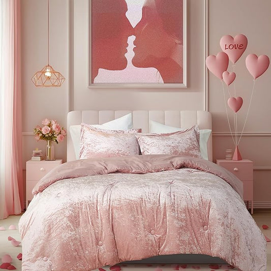 Comfort Spaces Juliette Luxe Comforter Set Velvet Lush with Soft Brushed Microfiber Reverse, All Season Cozy Velvet Bedding Sets, Fluffy Comforter Bed Set, Matching Sham, Blush Full/Queen 3 Piece