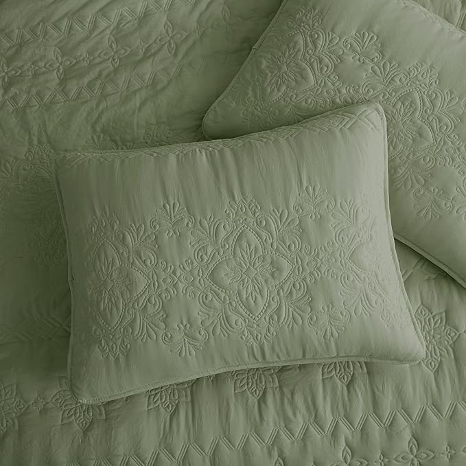 Boho Sage Green Quilt Queen Size Bedding Sets with Pillow Sham, Bohemian Lightweight Soft Bedspread Coverlet, Farmhouse Floral Vintage Thin Comforter Bed Cover All Season, 3 Pieces, 90x90 inches