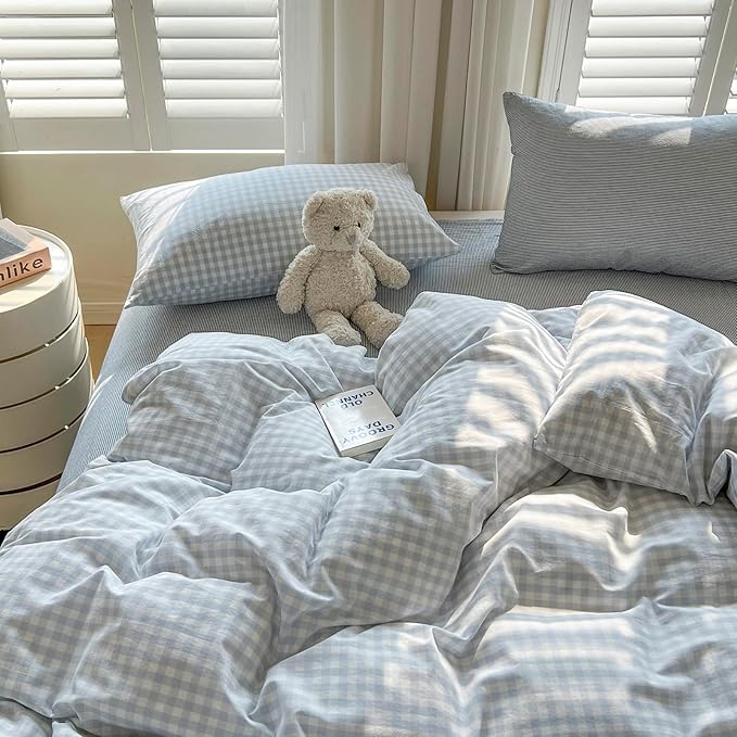LifeTB Blue Gingham Comforter Set Queen Size Modern Style Plaid Checkered Comforter with 2 Pillowcases Fluffy Soft Grid Bedding Set Farmhouse Gingham Bedding Comforter Set for All Seasons