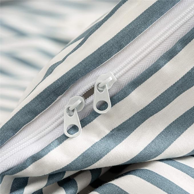 JELLYMONI 100% Natural Cotton 3pcs Striped Duvet Cover Sets,White Duvet Cover with Grayish Blue Stripes Pattern Printed Comforter Cover,with Zipper Closure & Corner Ties(King Size)