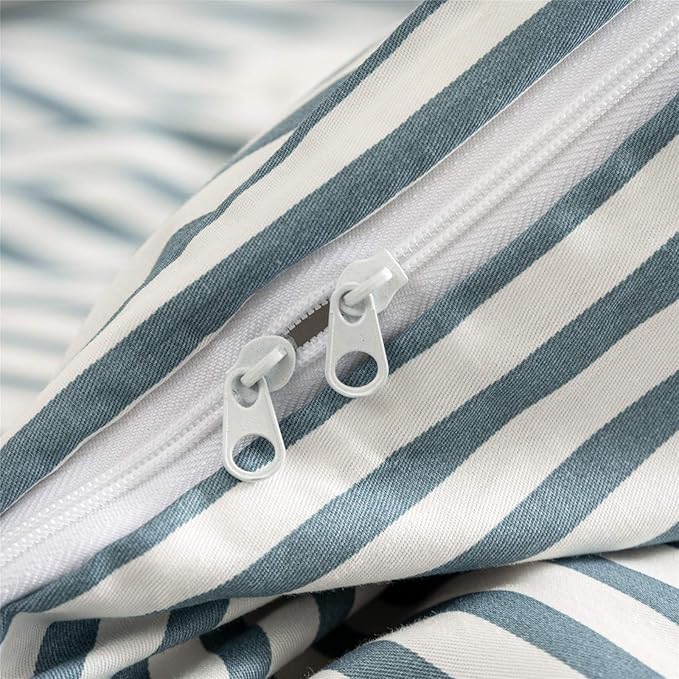 JELLYMONI 100% Natural Cotton 3pcs Striped Duvet Cover Sets,White Duvet Cover with Grayish Blue Stripes Pattern Printed Comforter Cover,with Zipper Closure & Corner Ties(Queen Size)