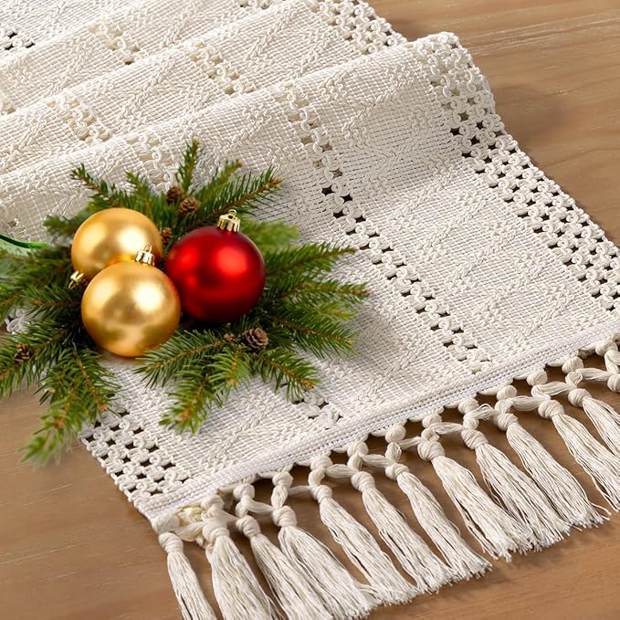 Socomi Boho Table Runner Easter Spring Farmhouse Rustic Dining Kitchen Centerpiece Decor Small Macrame Woven Cotton Linen Coffee Table Runner for Dresser Scarf Home Decor 12x72 inch Beige