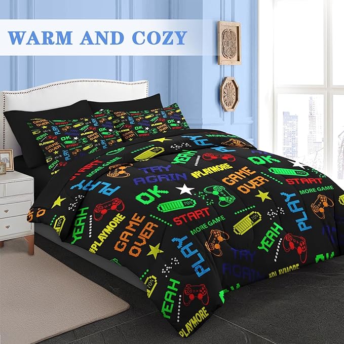Comforter Set Full Size, Retro Computer Gamepad 7 Pcs Bedding for Kids and Adults, Cartoon Video Game Bed Sheet Sets with Fitted Sheet 2 Pillowcases & 2 Shams for Bedroom Bed Decor